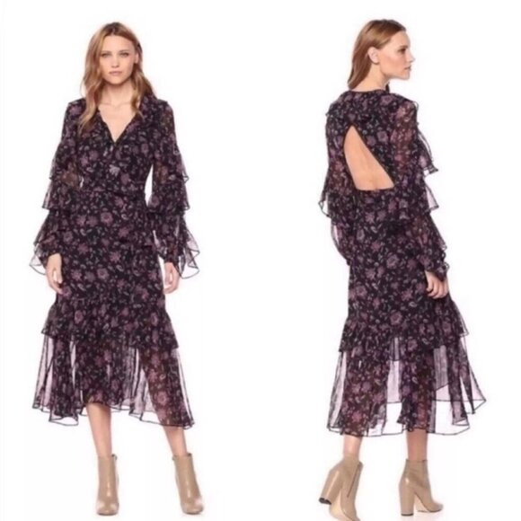 AMUR Dresses & Skirts - AMUR Rumi Black Purple Silk Wrap Midi Dress $798